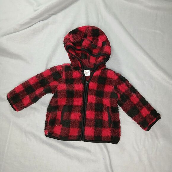 Wonder Nation Fleece Bear Hoodie Jacket Full Zip Plaid Pockets Infant Baby 6-9M - Picture 1 of 6